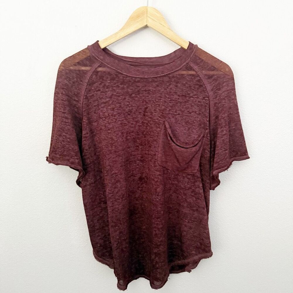 WE THE FREE PEOPLE‎ | Burnout Distressed Oversized Pocket T-Shirt Maroon | Small
